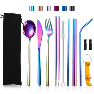 portable travel utensils set with case, stainless steel flatware sets for lunch box, reusable silverware set 10 piece cutlery kit including fork knife spoon chopsticks straws (rainbow)