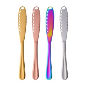 mingyu stainless steel butter knives colorful peanut butter knife, multifunction 3 in 1 butter spreader knife with holes set of 4