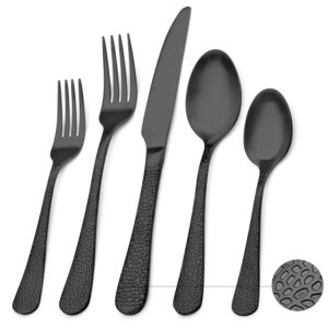 giococo matte black silverware set - stainless steel 20 pcs satin finish utensils set, hammered tableware set cutlery set service for 4, dishwasher safe flatware set for home kitchen and restaurant