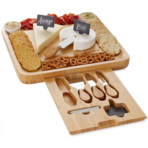 casafield bamboo cheese board gift set - charcuterie board serving tray for meat, fruit & crackers - includes 2 ceramic bowls, 4 stainless steel knives, slate labels, and chalk