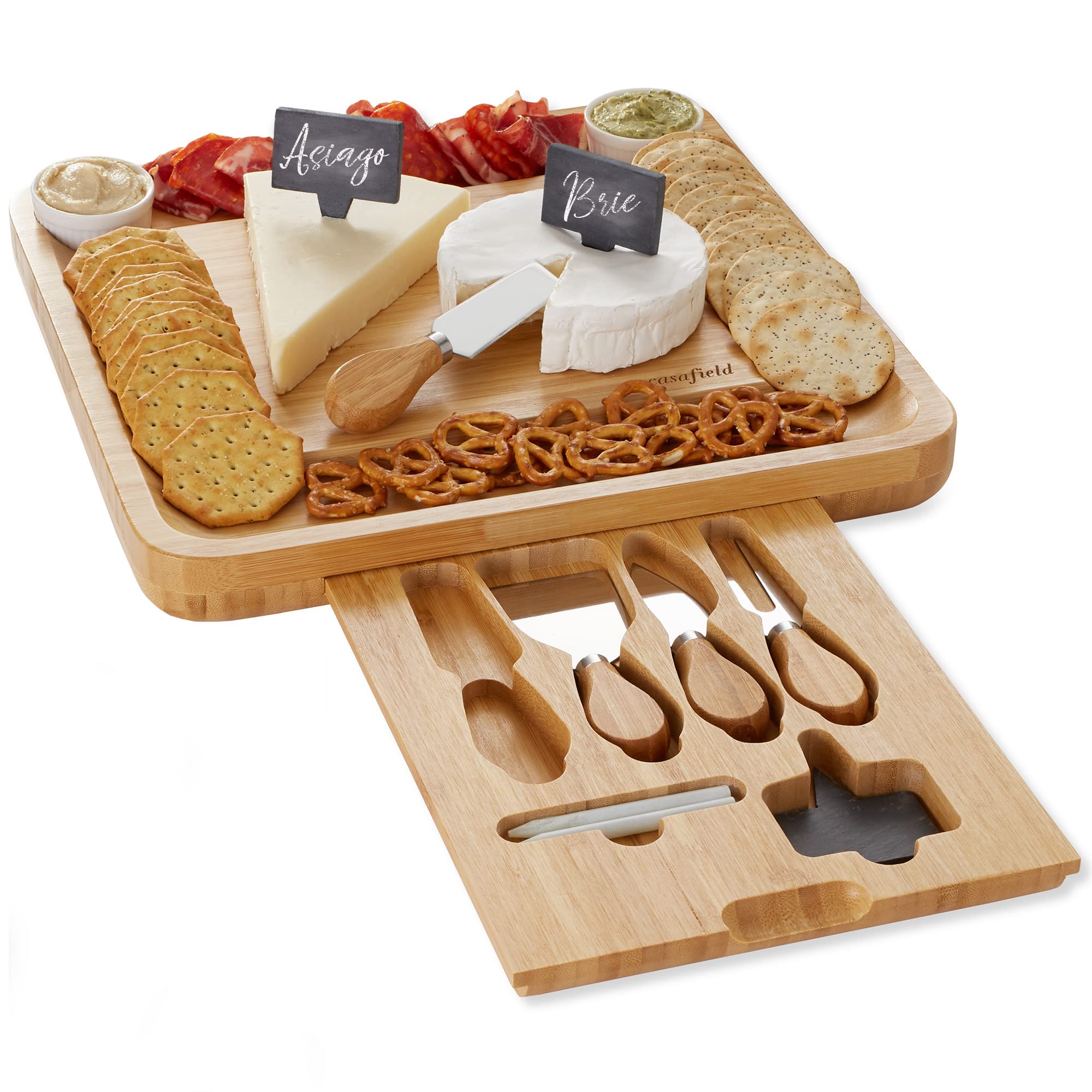 Casafield Bamboo Cheese Board Gift Set - Charcuterie Board Serving Tray for Meat, Fruit & Crackers - Includes 2 Ceramic Bowls, 4 Stainless Steel Knives, Slate Labels, and Chalk