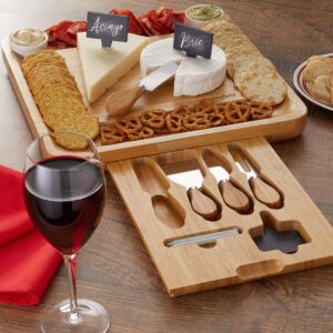 Casafield Bamboo Cheese Board Gift Set - Charcuterie Board Serving Tray for Meat, Fruit & Crackers - Includes 2 Ceramic Bowls, 4 Stainless Steel Knives, Slate Labels, and Chalk