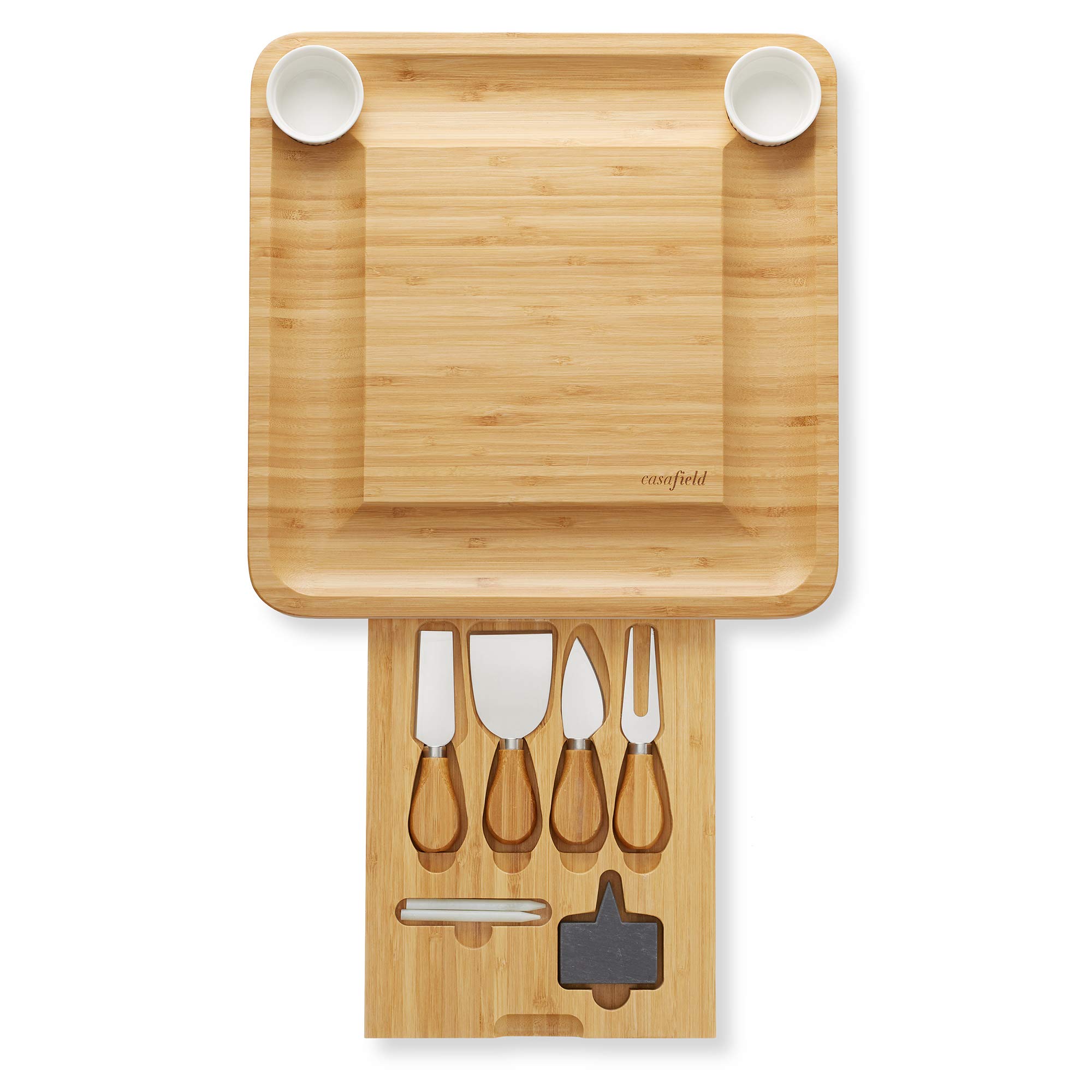 Casafield Bamboo Cheese Board Gift Set - Charcuterie Board Serving Tray for Meat, Fruit & Crackers - Includes 2 Ceramic Bowls, 4 Stainless Steel Knives, Slate Labels, and Chalk