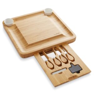 Casafield Bamboo Cheese Board Gift Set - Charcuterie Board Serving Tray for Meat, Fruit & Crackers - Includes 2 Ceramic Bowls, 4 Stainless Steel Knives, Slate Labels, and Chalk