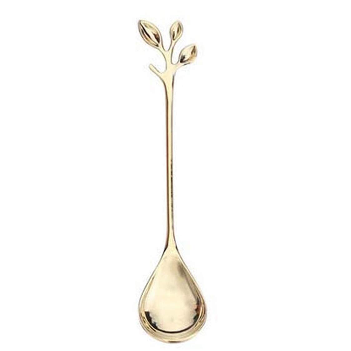 Idiytip Twig Leaf Long Handle Spoon Stainless Steel Stirring Spoons Cake Sugar Soup Tea Dessert Coffee Spoon(Golden spoon)