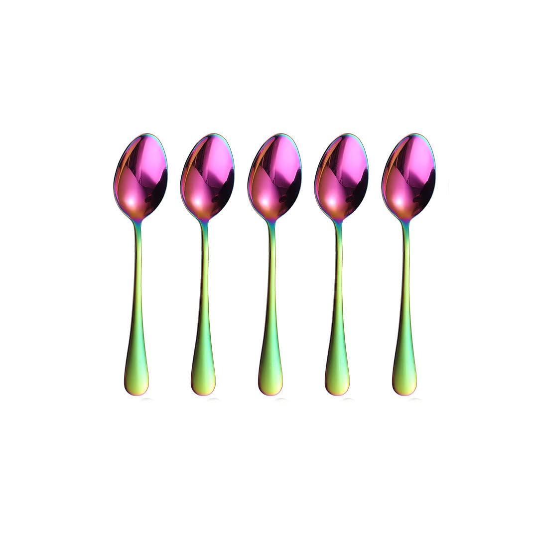 Stainless Steel Spoon, Soup Spoon,Mirror Finish Spoons,Kitchen Serving Spoons,Coffee spoon，Dessert Spoon, Ice Cream Spoons for Soup Rice Tea Milk Coffee Dessert (5 PCS,bright color)