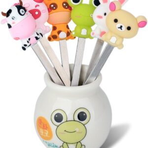 Zeltauto 6 Pcs Fruit Forks Cute Cartoon Animal Food Picks for Kids Mini Salad Cake Dessert Toothpicks Forks with a Ceramic Holder for Party Supply(Cartoon)