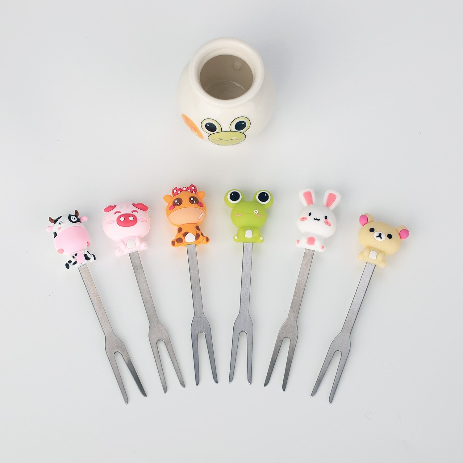 Zeltauto 6 Pcs Fruit Forks Cute Cartoon Animal Food Picks for Kids Mini Salad Cake Dessert Toothpicks Forks with a Ceramic Holder for Party Supply(Cartoon)