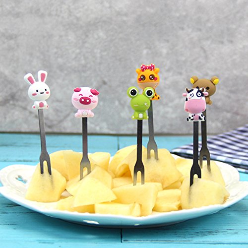 Zeltauto 6 Pcs Fruit Forks Cute Cartoon Animal Food Picks for Kids Mini Salad Cake Dessert Toothpicks Forks with a Ceramic Holder for Party Supply(Cartoon)