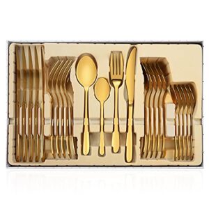 gold silverware set，24-piece stainless steel flatware service for 6, mirror finish cutlery set with gift box
