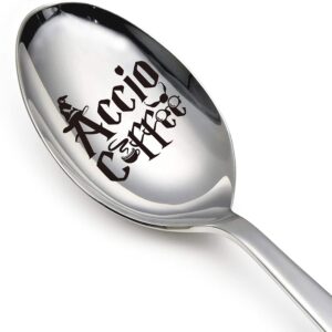 accio coffee funny stainless steel engraved spoon, long handle coffee tea spoon dessert spoon for coffee lover potter fan bookworm birthday christmas gifts