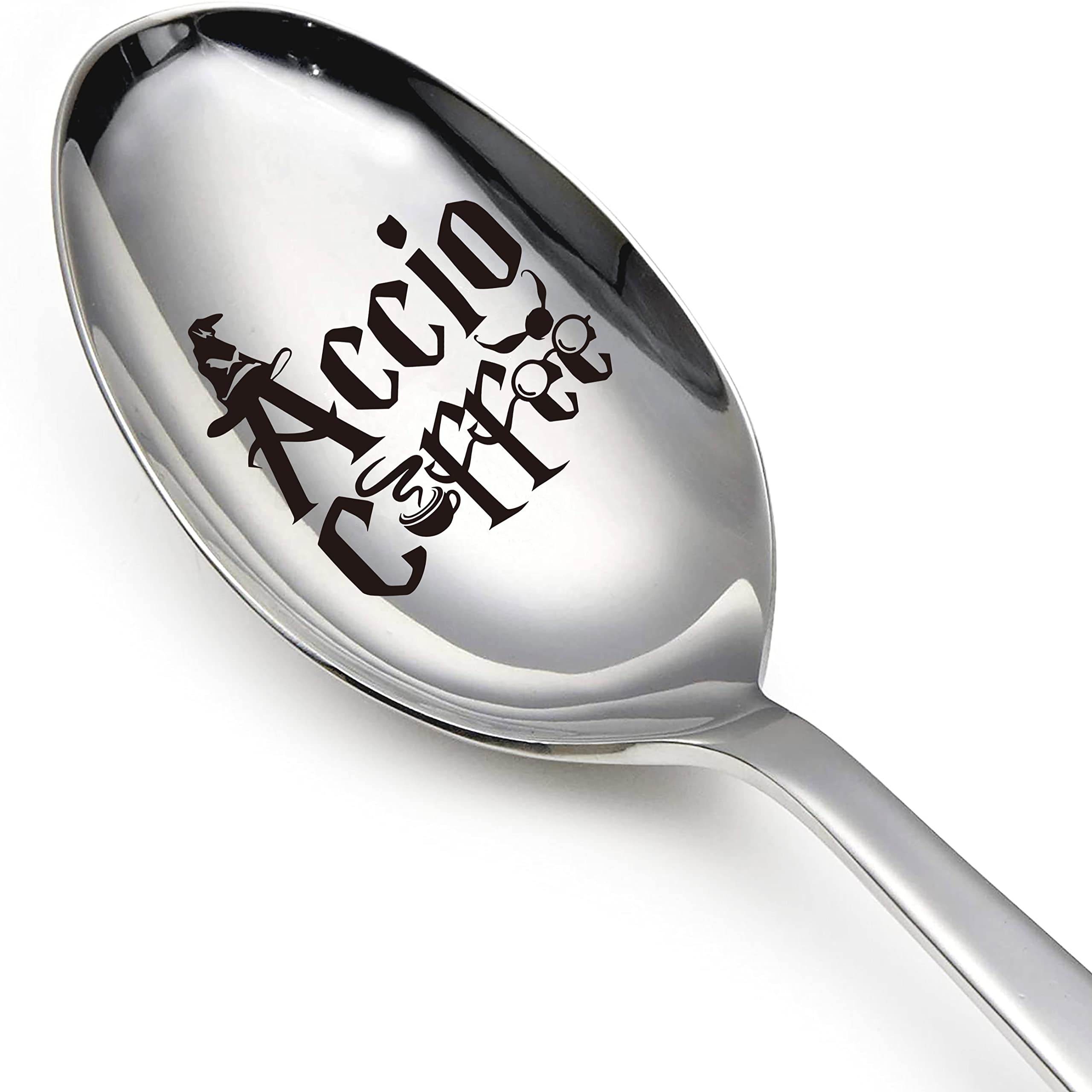 Accio Coffee Funny Stainless Steel Engraved Spoon, Long Handle Coffee Tea Spoon Dessert Spoon for Coffee Lover Potter Fan Bookworm Birthday Christmas Gifts