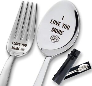 xikainuo 2 pieces i love you more engraved stainless spoon and fork, funny long handle dinner fork coffee spoop with gift box, birthday valentine couple anniversary spoon gifts