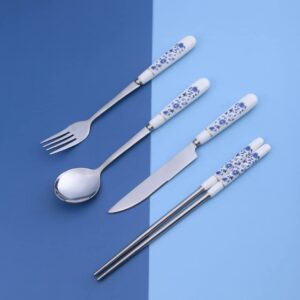 HEMOTON 1 Set White and Blue Porcelain Silverware Silverware Flatware Cutlery Set Stainless Steel Utensils Cutter Fork Spoon Chopsticks Set