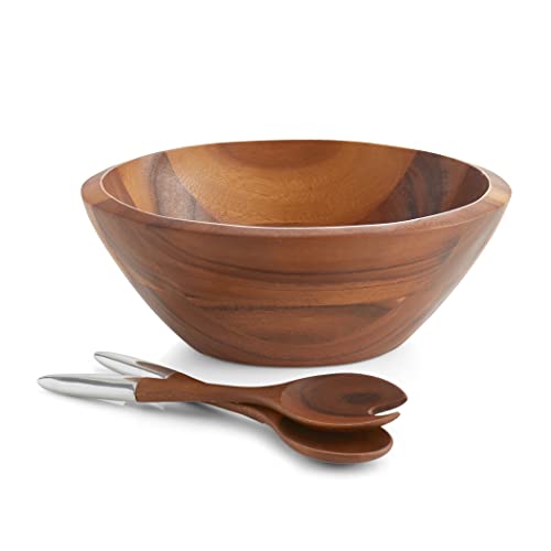 Nambe Eclipse Salad Bowl with Servers | 3-Piece Set | Large Wooden Serving Bowl for Caesar Salad, Large Salads | Big Salad Bowl with Serving Utensils | Made of Alloy & Acacia Wood (14.5 x 16” 10.5)