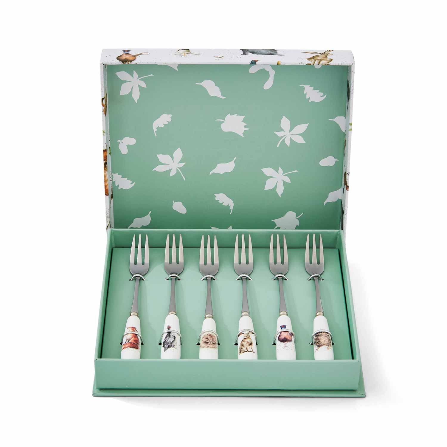 Royal Worcester Wrendale Designs Pastry Forks | 6 Inch Dessert Forks | Set of 6 Forks with Assorted Animal Motifs | Made from Stainless Steel with Porcelain Handles