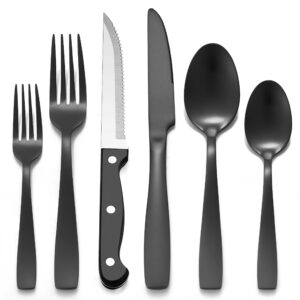lianyu 24-piece black silverware set with steak knives, stainless steel flatware cutlery set for 4, fancy square eating utensils sets for restaurant wedding, satin finish, dishwasher safe
