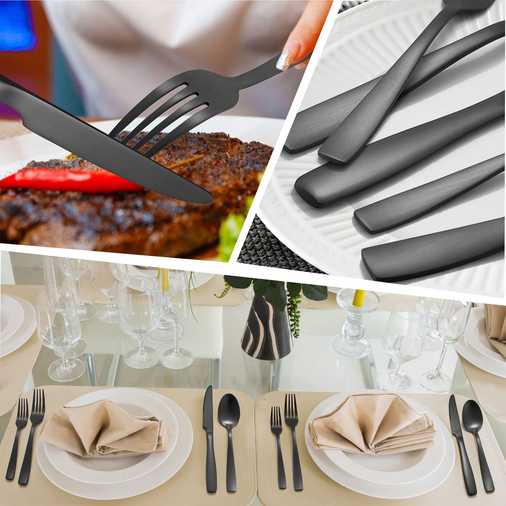 LIANYU 24-Piece Black Silverware Set with Steak Knives, Stainless Steel Flatware Cutlery Set for 4, Fancy Square Eating Utensils Sets for Restaurant Wedding, Satin Finish, Dishwasher Safe