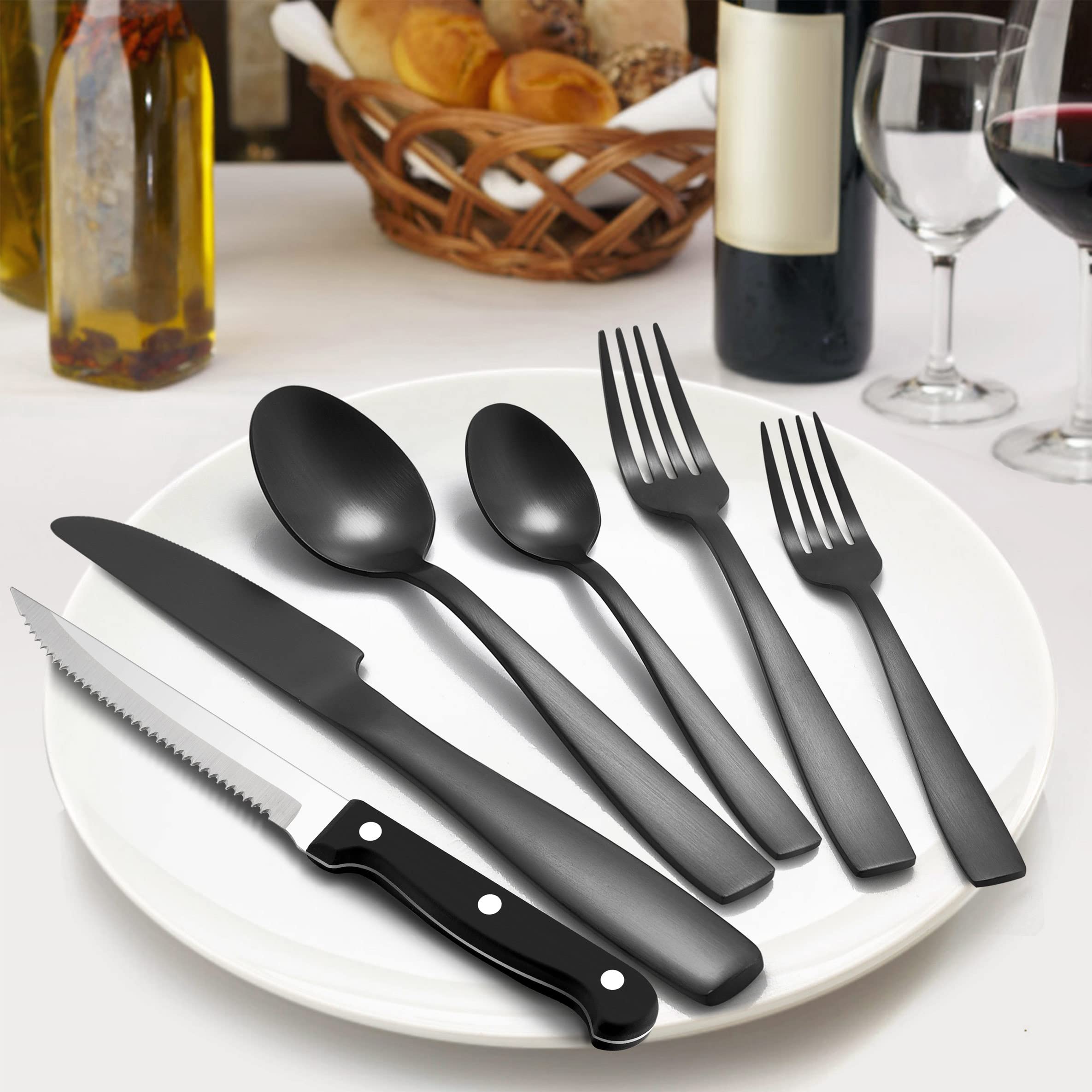 LIANYU 24-Piece Black Silverware Set with Steak Knives, Stainless Steel Flatware Cutlery Set for 4, Fancy Square Eating Utensils Sets for Restaurant Wedding, Satin Finish, Dishwasher Safe