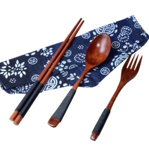 forestime japanese wooden chopsticks spoon fork tableware 3pcs set new gift (1 set, brown)