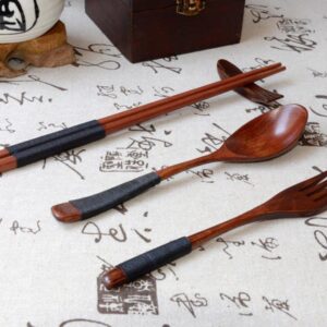 FORESTIME Japanese Wooden Chopsticks Spoon Fork Tableware 3pcs Set New Gift (1 Set, Brown)