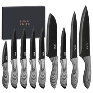 euna 9 piece kitchen knife set, sharp chef knives stainless steel cooking knife set (included : 5 pcs kitchen knife set and 4 pcs steak knife set with 2 gift boxs)