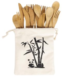 pfctrjr bamboo cutlery set -30 pcs reusable bamboo utensil fork knife spoon-bamboo flatware sets for camping, travel, picnic, office, school,bamboo silverware set with pouch bag
