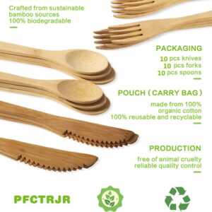 PFCTRJR Bamboo Cutlery Set -30 PCS Reusable Bamboo Utensil Fork Knife Spoon-Bamboo Flatware Sets for Camping, Travel, Picnic, Office, School,Bamboo Silverware Set with Pouch Bag