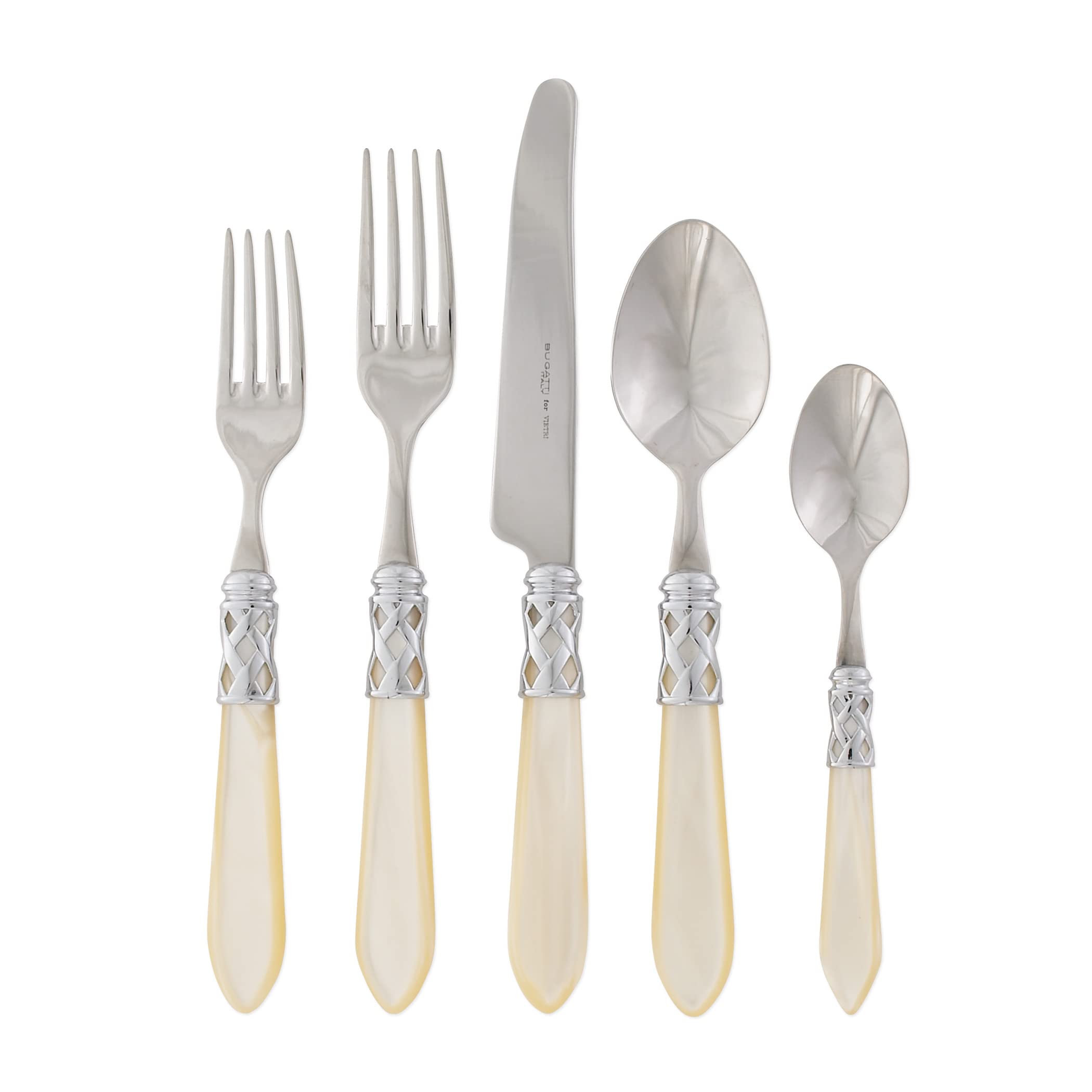 Vietri Aladdin Brilliant Ivory 5-Piece Place Setting, 18/10 Stainless Steel Forks Spoons & Knife