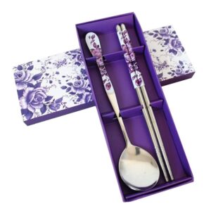 hugestore chinese purple rose stainless steel chopsticks and spoon set
