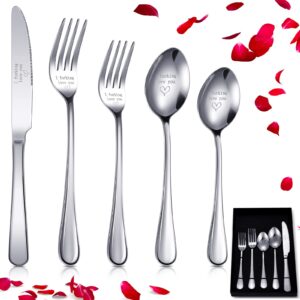 5 pcs stainless steel cutlery set i forking love you silverware set includes spoons forks knives gifts for bride wedding, anniversary kitchen cutlery for home office restaurant hotel