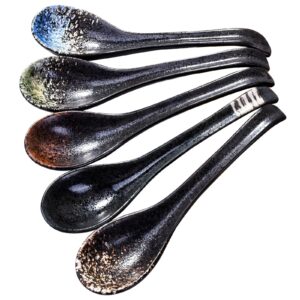 7 inch japanese and korean ramen spoon set of 5, asian soup spoon chinese soup spoon curved handle soup spoon long handle ceramic miso soup spoons