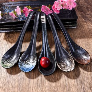 7 inch Japanese and Korean Ramen Spoon Set of 5, Asian Soup Spoon Chinese Soup Spoon Curved Handle Soup Spoon Long Handle Ceramic Miso Soup Spoons