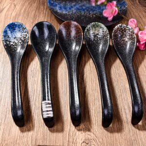 7 inch Japanese and Korean Ramen Spoon Set of 5, Asian Soup Spoon Chinese Soup Spoon Curved Handle Soup Spoon Long Handle Ceramic Miso Soup Spoons