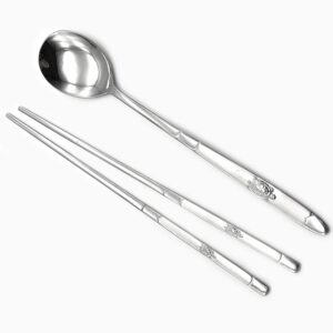SUPIA Korean Traditional Cutlery Stainless Steel Spoons and Chopsticks Set Tableware with Long-hand, Reusable (Silver Turtle)