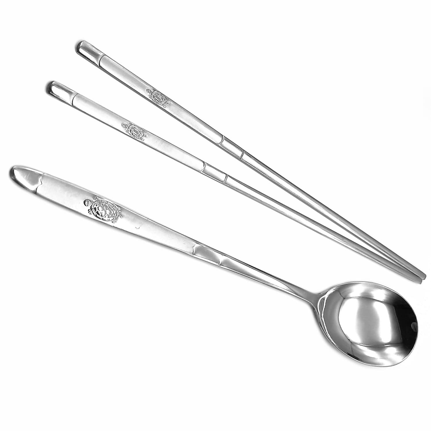 SUPIA Korean Traditional Cutlery Stainless Steel Spoons and Chopsticks Set Tableware with Long-hand, Reusable (Silver Turtle)