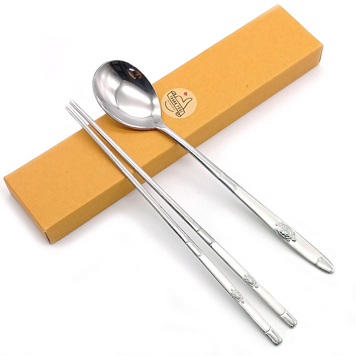 SUPIA Korean Traditional Cutlery Stainless Steel Spoons and Chopsticks Set Tableware with Long-hand, Reusable (Silver Turtle)