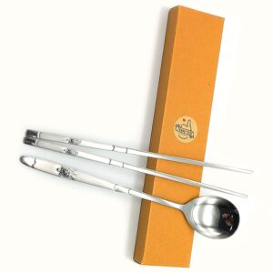 SUPIA Korean Traditional Cutlery Stainless Steel Spoons and Chopsticks Set Tableware with Long-hand, Reusable (Silver Turtle)