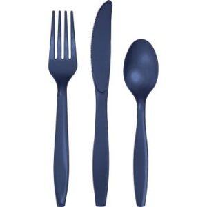 club pack of 288 navy blue premium heavy-duty plastic party knives, forks and spoons