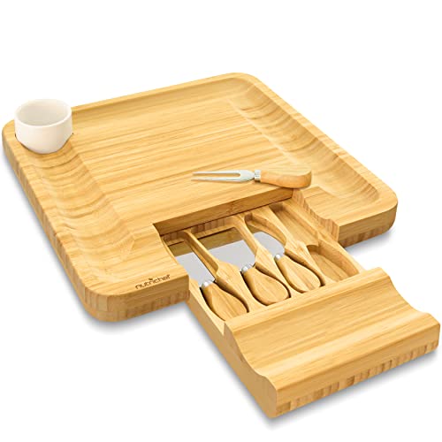 NutriChef Bamboo Natural Cheese Board Set with Bonus Condiment Cup-Extra Large Size 100% Home Organic Wooden Plate and Charcuterie Tray with 4 pcs Cutting Knife Slicer, 13" Square