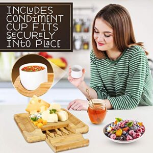 NutriChef Bamboo Natural Cheese Board Set with Bonus Condiment Cup-Extra Large Size 100% Home Organic Wooden Plate and Charcuterie Tray with 4 pcs Cutting Knife Slicer, 13" Square