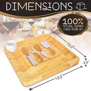 NutriChef Bamboo Natural Cheese Board Set with Bonus Condiment Cup-Extra Large Size 100% Home Organic Wooden Plate and Charcuterie Tray with 4 pcs Cutting Knife Slicer, 13" Square