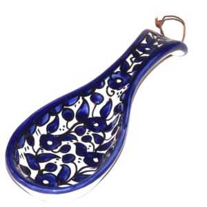 armenian hand painted cooking spoon rest/ladle holder - large with deep round cup part - asfour outlet trademark (blue flowers 8.5 inches)