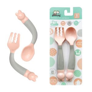 baby feeding spoon fork set utensil bendable handle training, bpa free, kids tableware in assorted colors for infant toddlers easy grip self feeding