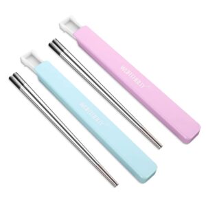 arderlive reusable chopsticks with case, stainless steel 316 travel chop sticks, japanese chinese korean chopsticks for bento box, picnic, office, dishwasher safe, 9.4 in blue+pink