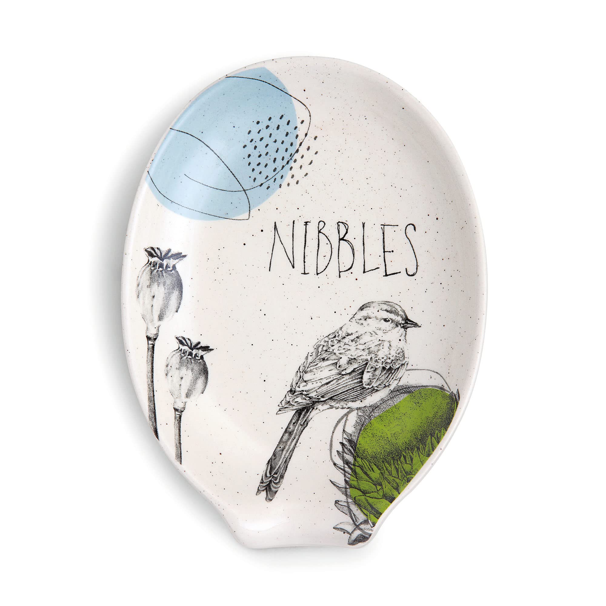 DEMDACO Nibbles Bird Glossy Floral White 6 x 5 Stoneware Ceramic Oval Spoon Rest