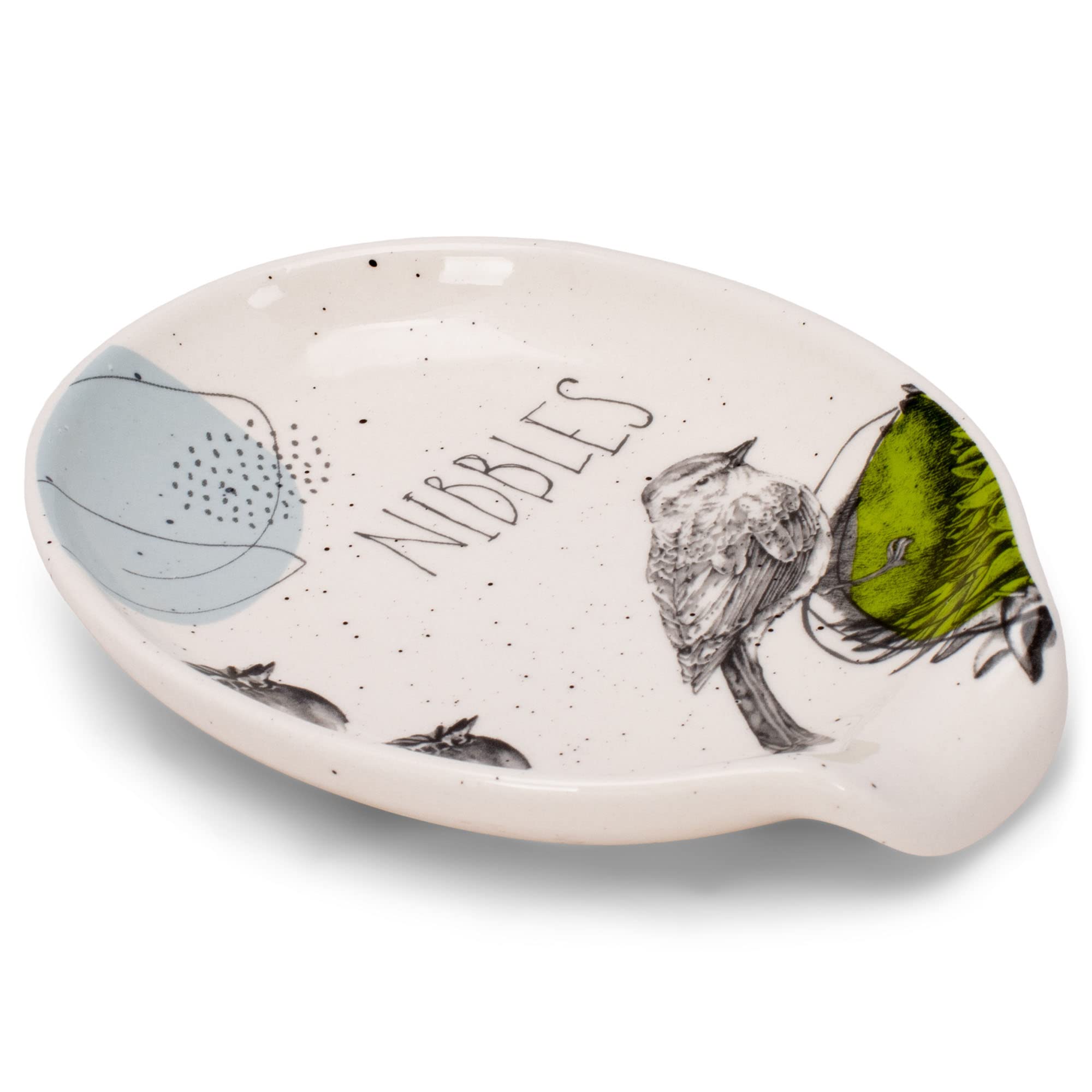 DEMDACO Nibbles Bird Glossy Floral White 6 x 5 Stoneware Ceramic Oval Spoon Rest