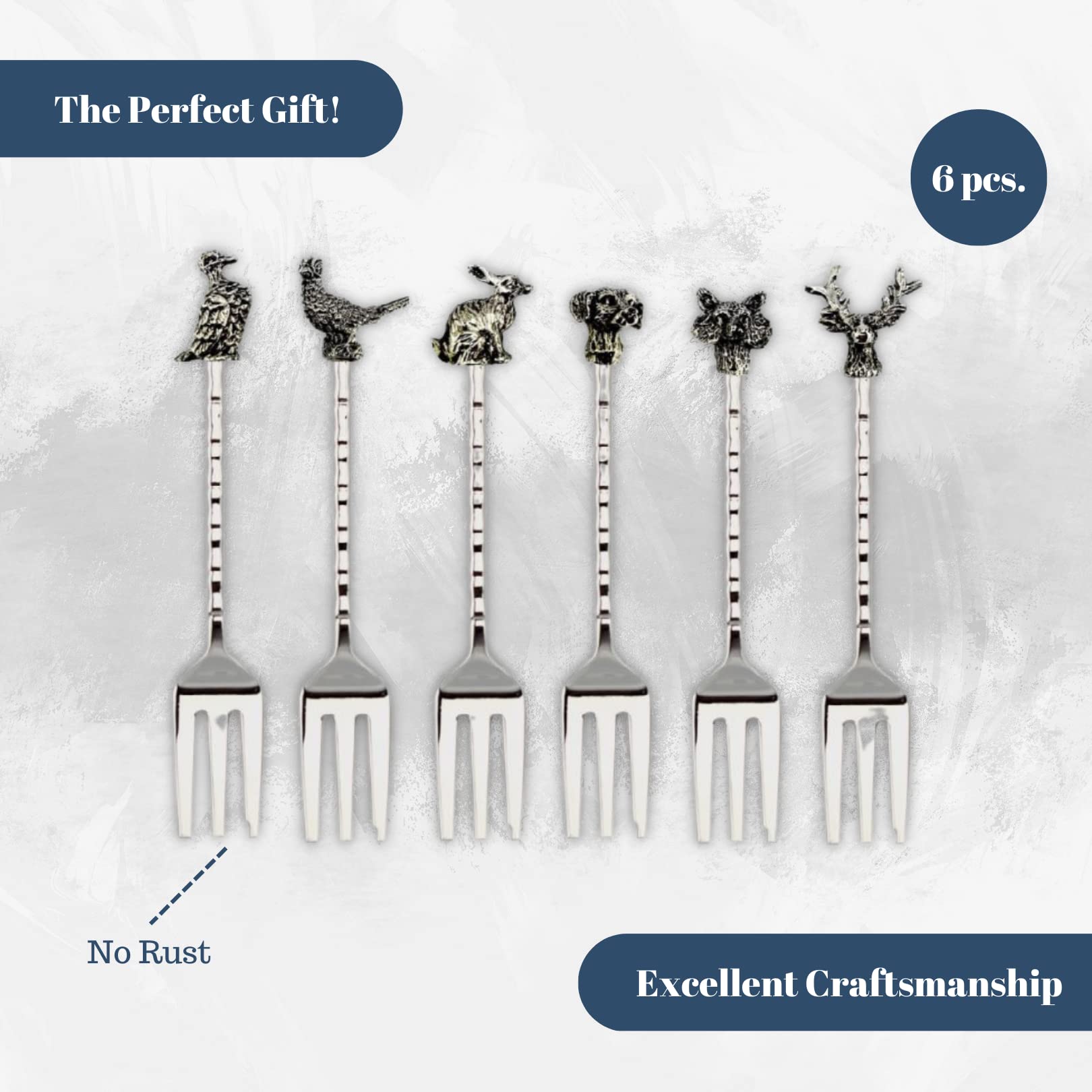 Rigeli Regent White Bronze plated Set of 6 Dessert Forks (Animals Design), Giftpacked 6Pcs Stainless Steel, Cocktail Forks, Small and Fruit Forks for Party, Hotel, Restaurant