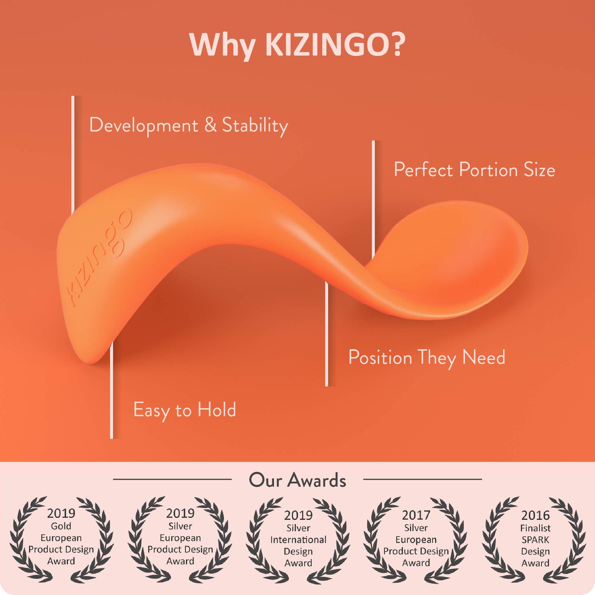 Kizingo Right-Hand Curved Baby Spoons for Toddler Self Feeding, (2 Pack, Blue and Orange)