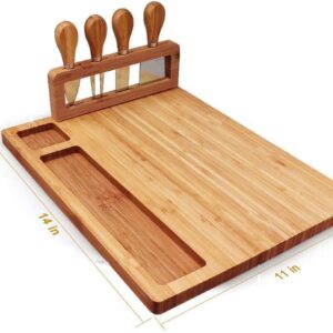 Aoibox Bamboo Cheese Board Set 14.17"*11"*0.8", Charcuterie Platter and Serving Meat Board Including 4 Stainless Steel Knife, Cheese Tray, Yankee Swap Gifts